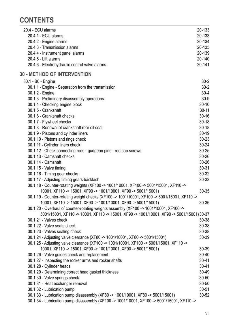 May include: A detailed table of contents from a technical manual, listing various engine-related procedures and checks. The document includes sections on alarms, engine components, and maintenance procedures, with page numbers.