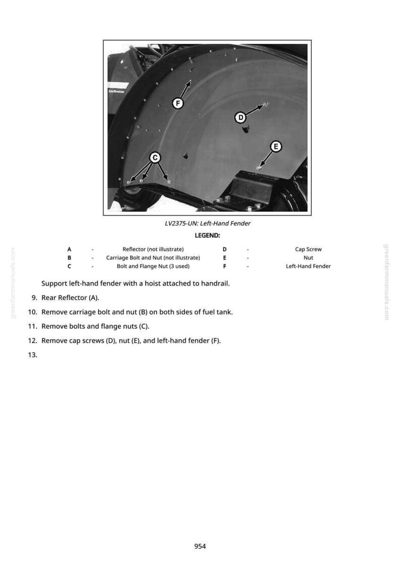 May include: Diagram of a left-hand fender with labeled parts: A, B, C, D, E, and F. The diagram includes a legend with descriptions for each part, such as "Cap Screw" and "Nut". The image is from a manual.