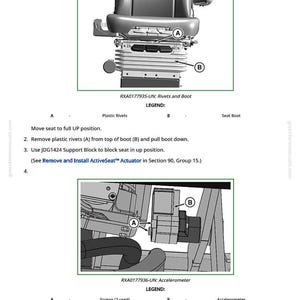 以下が含まれることがあります： ACTIVESEAT加速度計の交換を示す図。画像には、リベット、ブーツ、加速度計自体の詳細なシートコンポーネントのビューが表示されています。テキストラベルと矢印は特定の部品を指し、上部には「Replace ACTIVESEAT Accelerometer」というテキストがあります。
