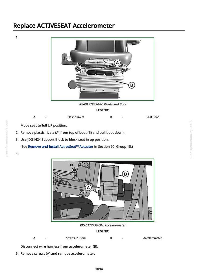 以下が含まれることがあります： ACTIVESEAT加速度計の交換を示す図。画像には、リベット、ブーツ、加速度計自体の詳細なシートコンポーネントのビューが表示されています。テキストラベルと矢印は特定の部品を指し、上部には「Replace ACTIVESEAT Accelerometer」というテキストがあります。