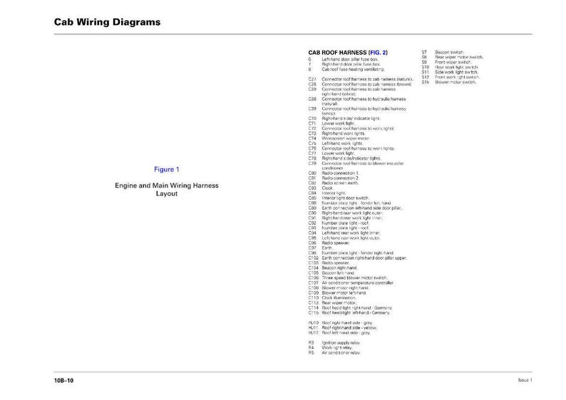 K&ouml;nnte beinhalten: Eine wei&szlig;e Seite mit der &Uuml;berschrift "Kabinenverdrahtungsdiagramme". Darunter steht "Abbildung 1 Motor- und Hauptkabelbaum-Layout". Auf der rechten Seite befindet sich eine Liste der Kabelbaumkomponenten.
