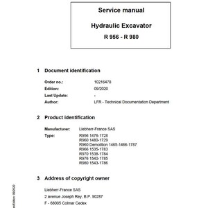 May include: A white service manual for a hydraulic excavator, with the text "Service manual Hydraulic Excavator R 956 - R 980". The document includes details like order number, edition, and manufacturer information.