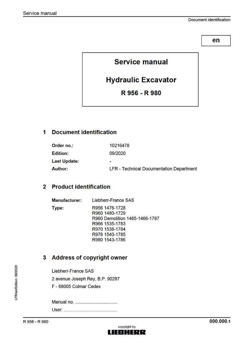 May include: A white service manual for a hydraulic excavator, with the text "Service manual Hydraulic Excavator R 956 - R 980". The document includes details like order number, edition, and manufacturer information.
