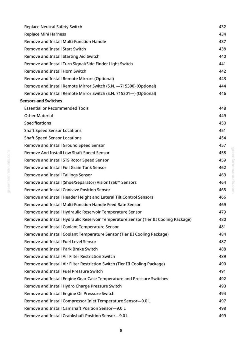May include: A page from a manual with a list of automotive repair procedures, including sensor and switch replacements. The text is in black font on a white background, with page numbers and a website address.