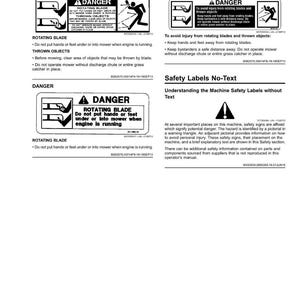 Pode incluir: R&oacute;tulos de seguran&ccedil;a com avisos sobre l&acirc;minas rotativas e objetos lan&ccedil;ados. Inclui diagramas e texto como "Perigo" e "N&atilde;o coloque as m&atilde;os ou os p&eacute;s sob ou na m&aacute;quina de cortar relva quando o motor estiver em funcionamento."