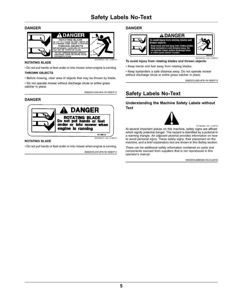 Pode incluir: R&oacute;tulos de seguran&ccedil;a com avisos sobre l&acirc;minas rotativas e objetos lan&ccedil;ados. Inclui diagramas e texto como "Perigo" e "N&atilde;o coloque as m&atilde;os ou os p&eacute;s sob ou na m&aacute;quina de cortar relva quando o motor estiver em funcionamento."