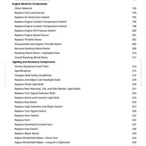 May include: A page from a manual with a table of contents. The text includes sections on engine electrical components, lighting, and accessories. Page numbers are listed on the right side.