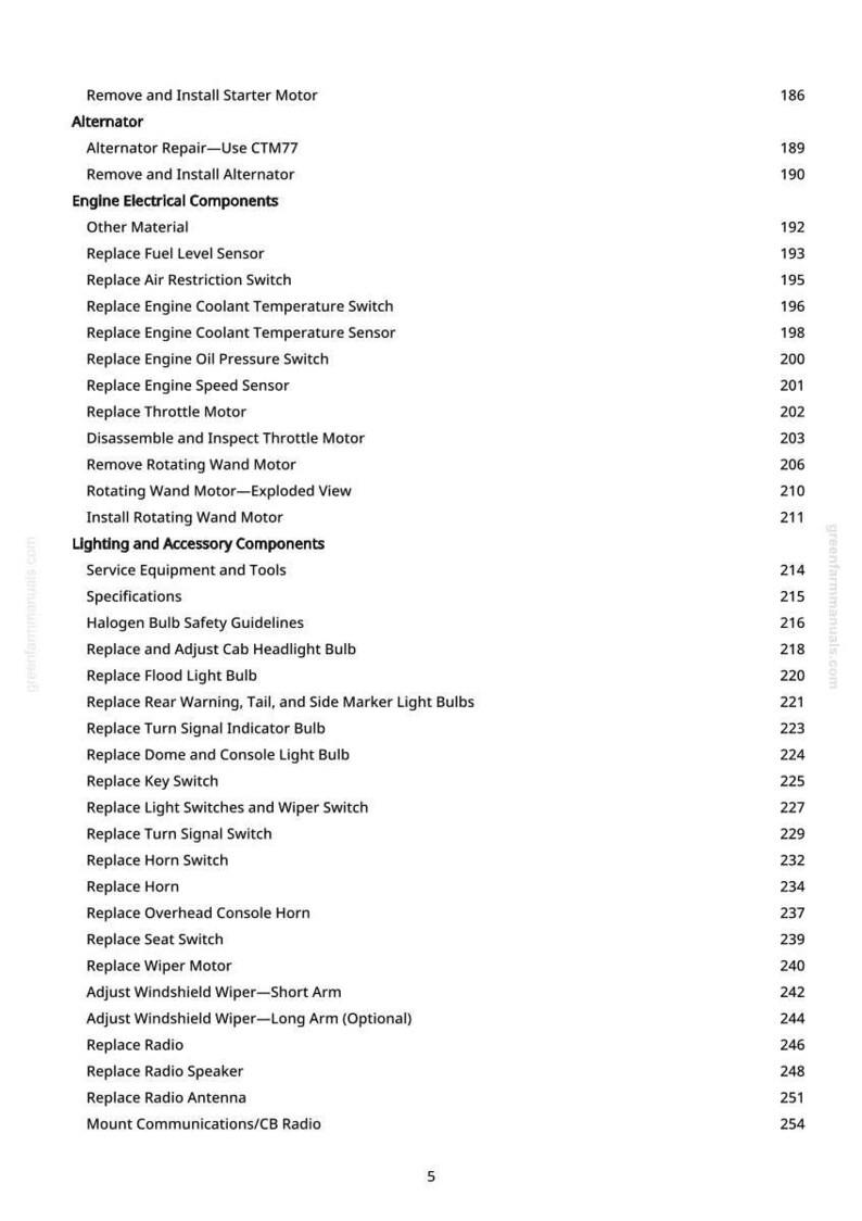 May include: A page from a manual with a table of contents. The text includes sections on engine electrical components, lighting, and accessories. Page numbers are listed on the right side.