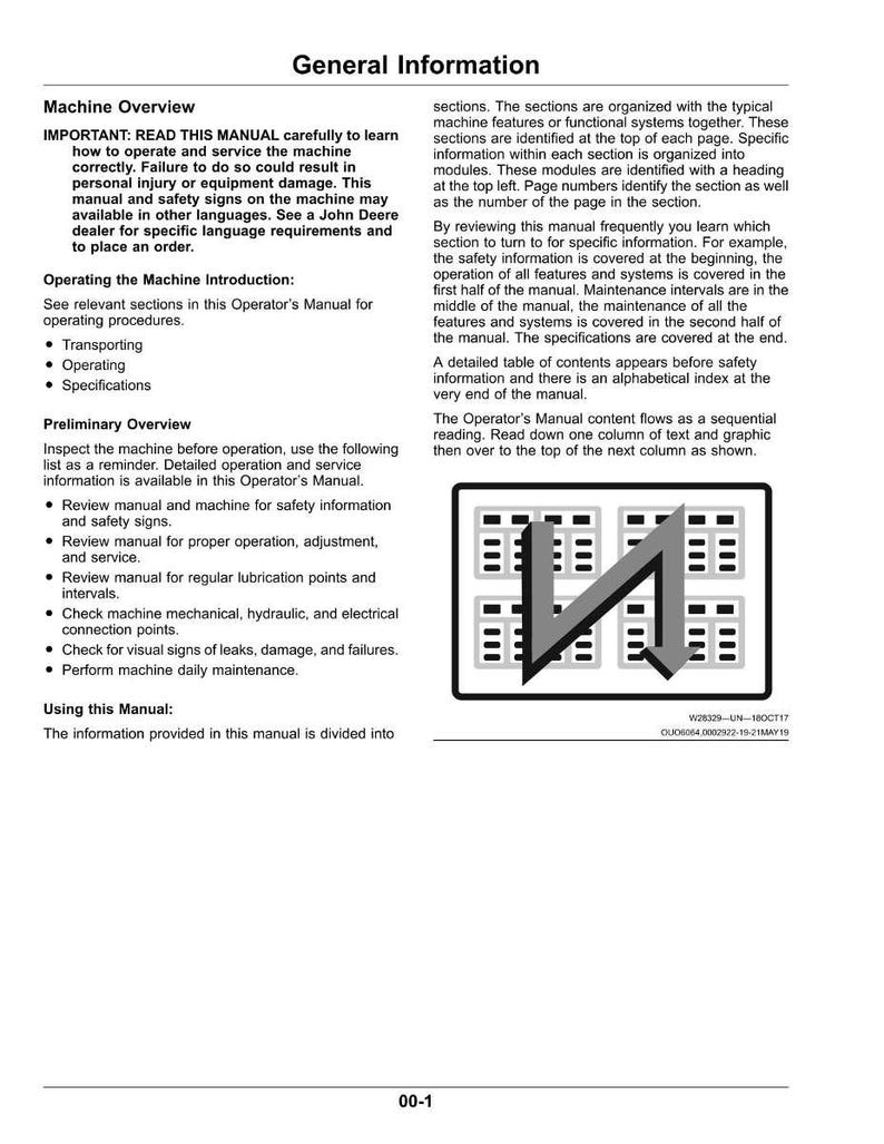 May include: A page from an operator's manual with the title "General Information." The text details machine operation, safety, and maintenance. Includes a diagram and the page number "00-1."