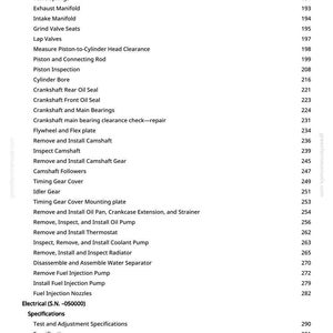 May include: A detailed table of contents from a manual, listing automotive engine repair procedures. The text includes topics like valve guides, crankshaft seals, and fuel injection nozzles. The page numbers are listed on the right.