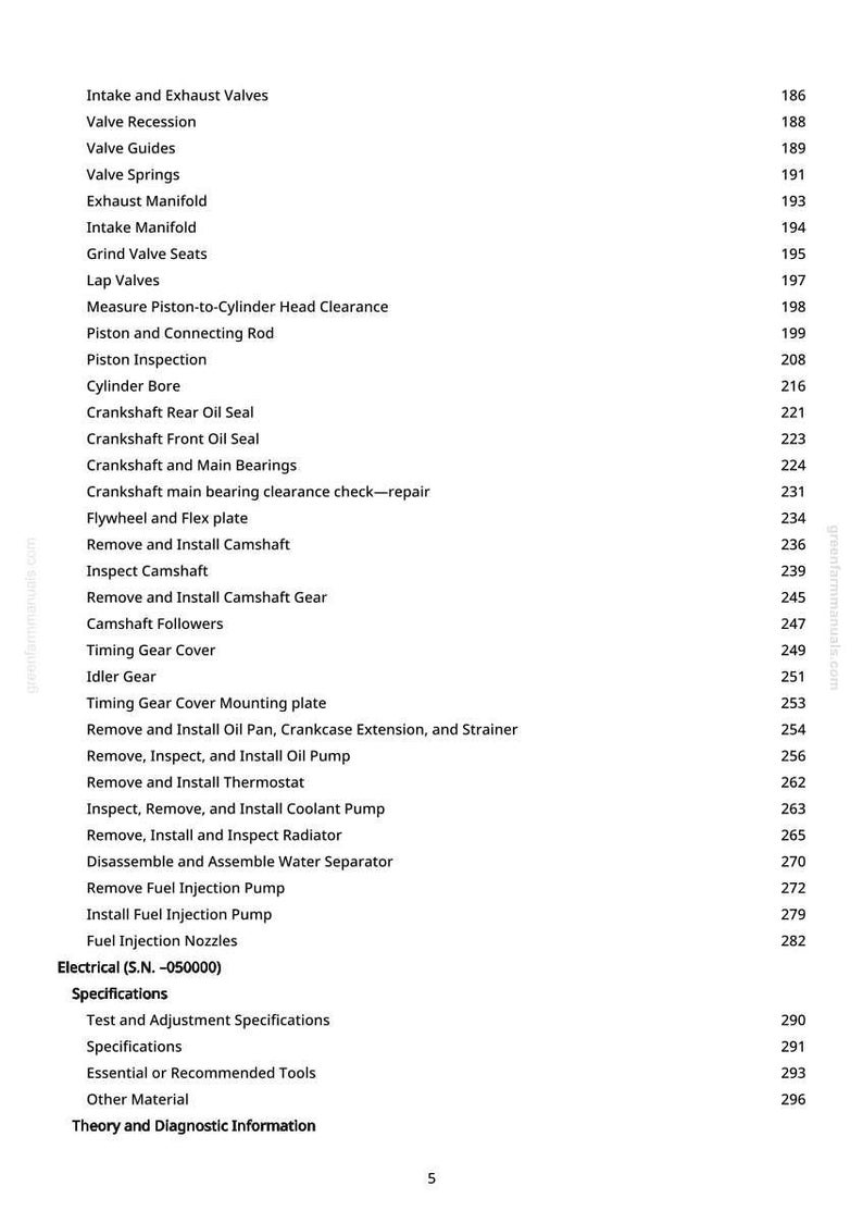 May include: A detailed table of contents from a manual, listing automotive engine repair procedures. The text includes topics like valve guides, crankshaft seals, and fuel injection nozzles. The page numbers are listed on the right.