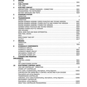 Puede incluir: Tabla de contenidos de un manual t&eacute;cnico, que enumera secciones y n&uacute;meros de p&aacute;gina. Los temas incluyen motor, sistema de combustible, circuitos el&eacute;ctricos, transmisi&oacute;n y frenos. Con fecha de abril de 2011.