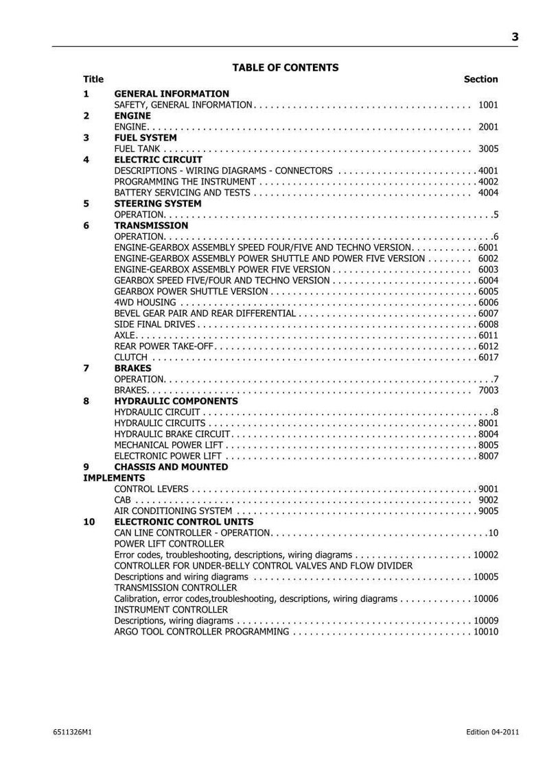 Puede incluir: Tabla de contenidos de un manual t&eacute;cnico, que enumera secciones y n&uacute;meros de p&aacute;gina. Los temas incluyen motor, sistema de combustible, circuitos el&eacute;ctricos, transmisi&oacute;n y frenos. Con fecha de abril de 2011.