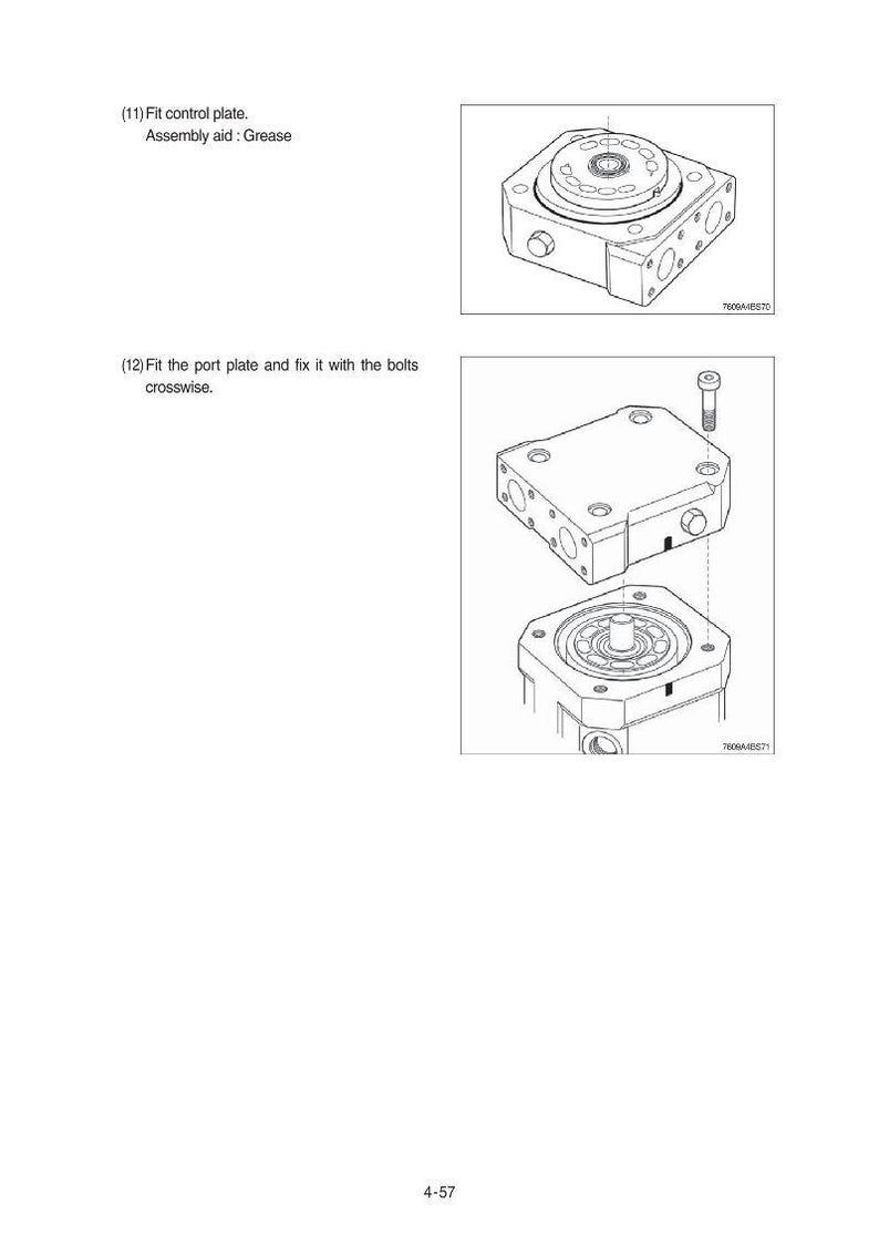 May include: Technical diagram showing the assembly of mechanical components. The diagram includes two detailed illustrations of a control plate and port plate, with labels and instructions for assembly. The text includes "Fit control plate" and "Fit the port plate".