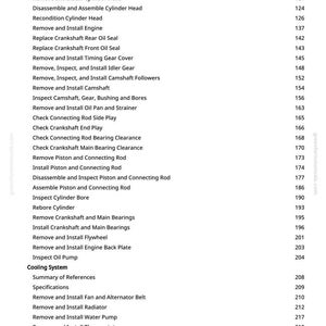 Pode incluir: Uma p&aacute;gina do manual greenfarmmanuals.com, listando procedimentos de reparo automotivo. O texto inclui instru&ccedil;&otilde;es para componentes do motor como a cabe&ccedil;a do cilindro, virabrequim e sistema de arrefecimento, com os n&uacute;meros de p&aacute;gina correspondentes.