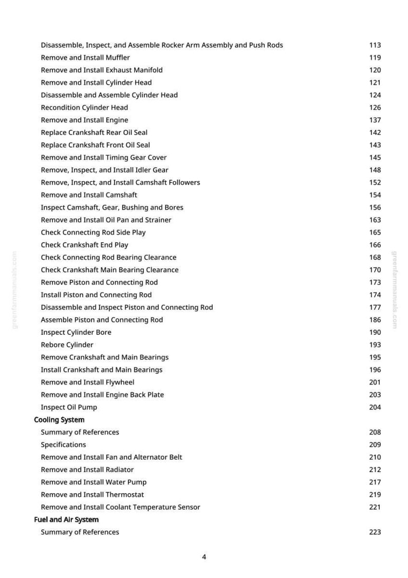 Pode incluir: Uma p&aacute;gina do manual greenfarmmanuals.com, listando procedimentos de reparo automotivo. O texto inclui instru&ccedil;&otilde;es para componentes do motor como a cabe&ccedil;a do cilindro, virabrequim e sistema de arrefecimento, com os n&uacute;meros de p&aacute;gina correspondentes.