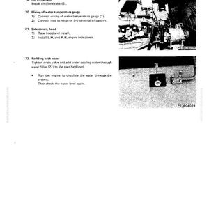 May include: A page from a manual titled "Disassembly and Assembly" and "Cylinder Head." The page includes instructions for air bleed tube installation, wiring of a water temperature gauge, and refilling with water. The image also shows a close-up of a control panel.