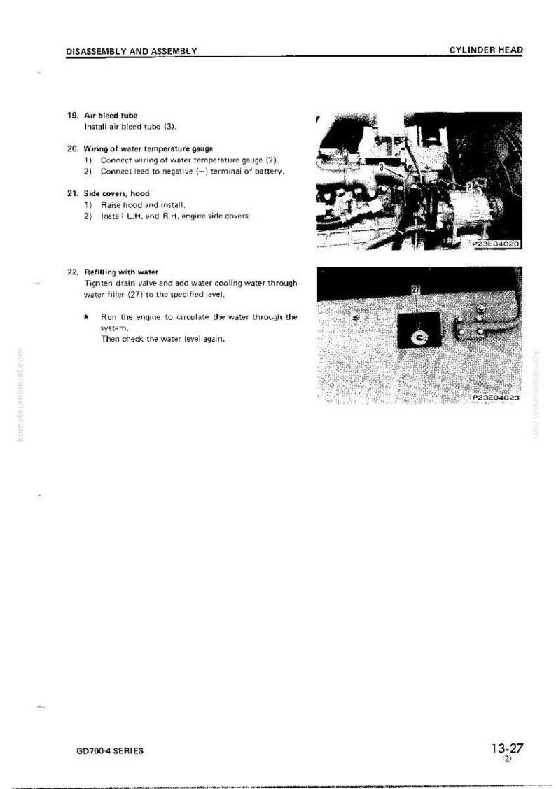 May include: A page from a manual titled "Disassembly and Assembly" and "Cylinder Head." The page includes instructions for air bleed tube installation, wiring of a water temperature gauge, and refilling with water. The image also shows a close-up of a control panel.