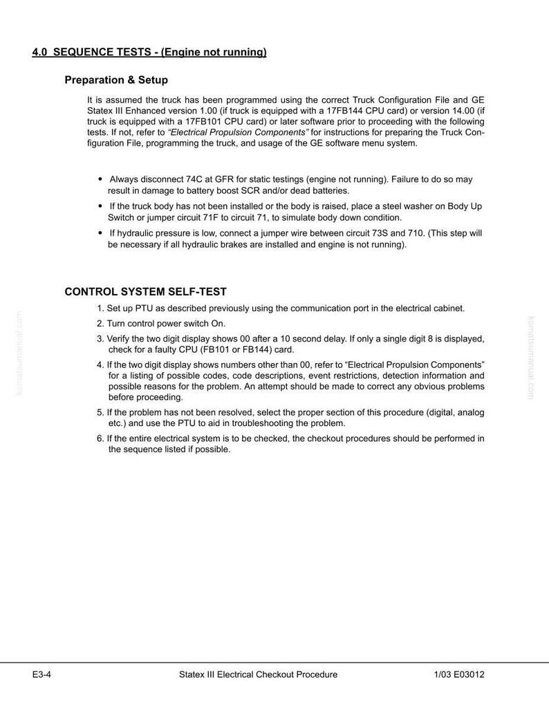Pode incluir: P&aacute;gina de um manual intitulada "4.0 SEQUENCE TESTS - (Engine not running)". O documento fornece instru&ccedil;&otilde;es para prepara&ccedil;&atilde;o, configura&ccedil;&atilde;o e autoteste de um sistema de controle. Inclui etapas de solu&ccedil;&atilde;o de problemas.