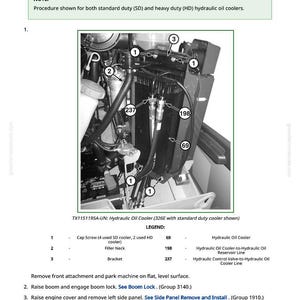 May include: Diagram showing the removal and installation of a hydraulic oil cooler. The image features detailed views of cooler parts, each labelled with numbers and descriptions. The title at the top says "Hydraulic Oil Cooler Remove and Install."