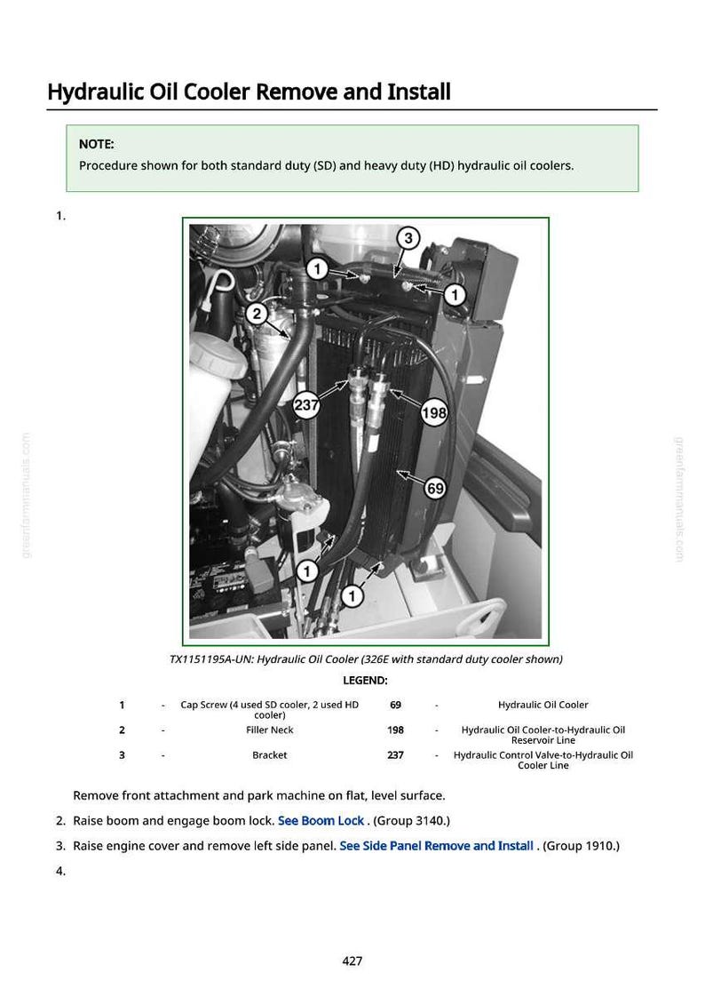 May include: Diagram showing the removal and installation of a hydraulic oil cooler. The image features detailed views of cooler parts, each labelled with numbers and descriptions. The title at the top says "Hydraulic Oil Cooler Remove and Install."