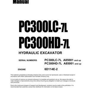 Peut inclure: Manuel d'atelier blanc pour une excavatrice hydraulique. Le manuel comprend les num&eacute;ros de mod&egrave;le PC300LC-7L et PC300HD-7L, les num&eacute;ros de s&eacute;rie et les sp&eacute;cifications du moteur. Le manuel est de Komatsu America Corp.