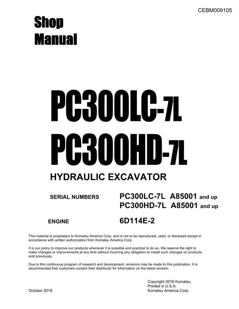 Peut inclure: Manuel d'atelier blanc pour une excavatrice hydraulique. Le manuel comprend les num&eacute;ros de mod&egrave;le PC300LC-7L et PC300HD-7L, les num&eacute;ros de s&eacute;rie et les sp&eacute;cifications du moteur. Le manuel est de Komatsu America Corp.