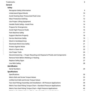May include: A white page titled "Table of Contents" from a manual. The table lists safety topics, including "Wear Protective Clothing" and "Avoid High-Pressure Fluids." Also included are specifications and identification topics.