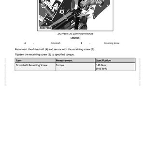 Pu&ograve; includere: Diagramma tecnico di un collegamento dell'albero di trasmissione con una vite di fissaggio. L'immagine include una legenda che identifica l'albero di trasmissione e la vite di fissaggio. La coppia specificata &egrave; di 140 N&middot;m. Il testo "ZX377860-UN: Connect Driveshaft" &egrave; visibile.