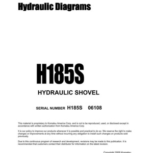 以下が含まれることがあります： 白地に黒文字のドキュメント。「Electrical and Hydraulic Diagrams」のタイトル。下に「H185S HYDRAULIC SHOVEL」のテキスト。シリアル番号はH185S 06108。Copyright 2005 Komatsu。