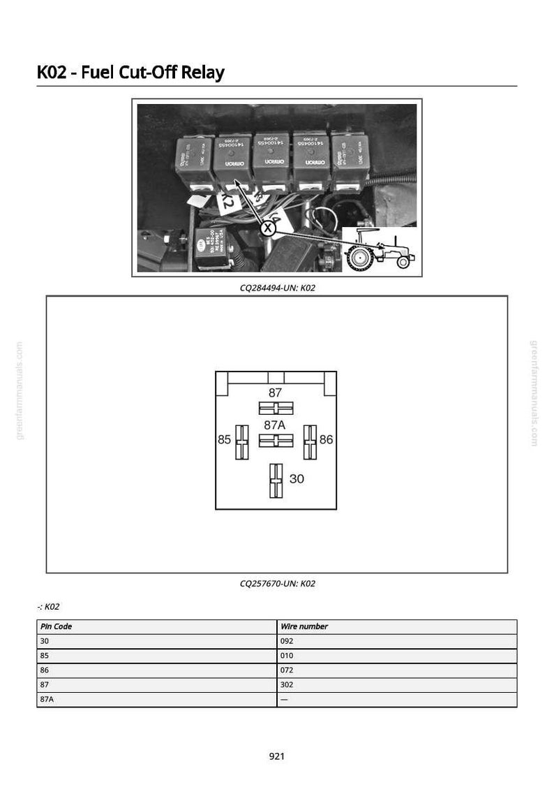 K&ouml;nnte beinhalten: Diagramm eines Kraftstoffabschaltrelais, bezeichnet als K02, mit einem Schaltplan und einer Pin-Code-Tabelle. Das Bild enth&auml;lt eine Nahaufnahme der Relaiskomponenten und ein Schema f&uuml;r die Kabelverbindungen. Der Text enth&auml;lt "Fuel Cut-Off Relay" und "CQ284494-UN: K02".