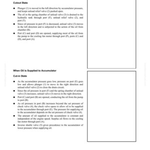 May include: A technical diagram detailing the brake system operation, including states when oil is and isn't supplied to the accumulator. The text describes the cutout and cut-in states, with references to ports, valves, and pressure.
