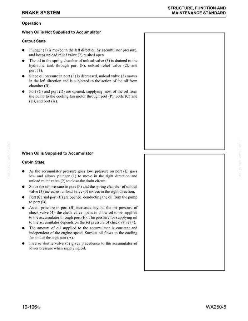 May include: A technical diagram detailing the brake system operation, including states when oil is and isn't supplied to the accumulator. The text describes the cutout and cut-in states, with references to ports, valves, and pressure.