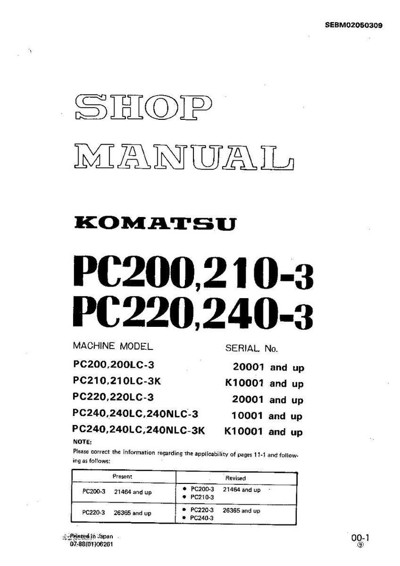May include: A white shop manual with the title "SHOP MANUAL" in bold, black letters. The manual is for Komatsu PC200, 210-3 and PC220, 240-3 machine models. Includes machine model and serial number information.