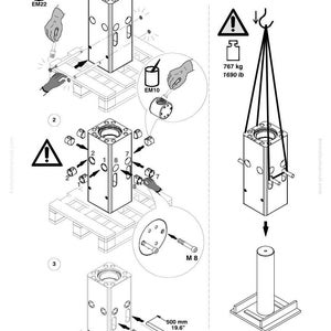 Op de afbeelding: Diagram van industri&euml;le componenten met montage-instructies. Bevat afmetingen van 500 mm, een gewicht van 767 kg en diverse onderdeelnummers. Voorzien van een waarschuwingssymbool en handgetekende illustraties.