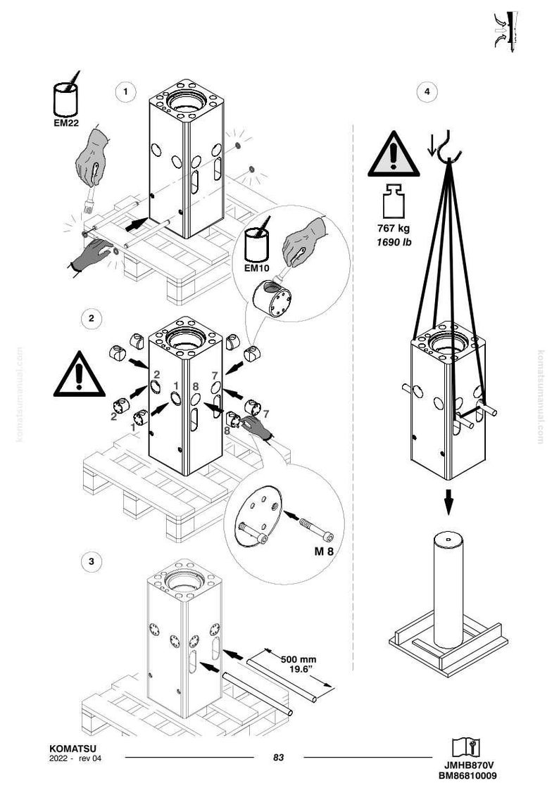 Op de afbeelding: Diagram van industri&euml;le componenten met montage-instructies. Bevat afmetingen van 500 mm, een gewicht van 767 kg en diverse onderdeelnummers. Voorzien van een waarschuwingssymbool en handgetekende illustraties.