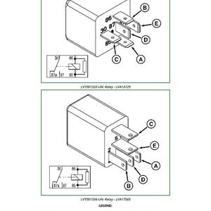 May include: Two electrical relays are shown, each with a different pin configuration. The top relay has pins labeled 30, 86, 87, 87a, and 85. The bottom relay has pins labeled 2, 5, and A through E. The text "LVT001333-UN: Relay - LVA13729" and "LVT001334-UN: Relay - LVA17565" are present.