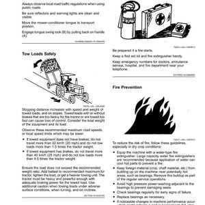 May include: Diagrams and text on safety procedures, including fire prevention and towing guidelines. Illustrations show a tractor towing a load, a first aid kit, and a fire extinguisher.
