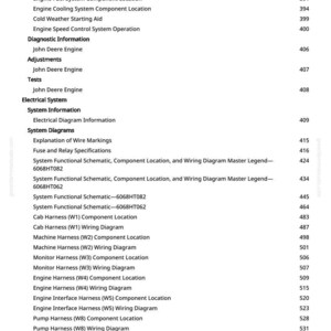 Pode incluir: Uma p&aacute;gina de manual com um &iacute;ndice detalhado. O texto inclui se&ccedil;&otilde;es sobre identifica&ccedil;&atilde;o do motor, sistemas el&eacute;tricos e diagramas de fia&ccedil;&atilde;o. Os n&uacute;meros das p&aacute;ginas est&atilde;o listados &agrave; direita.