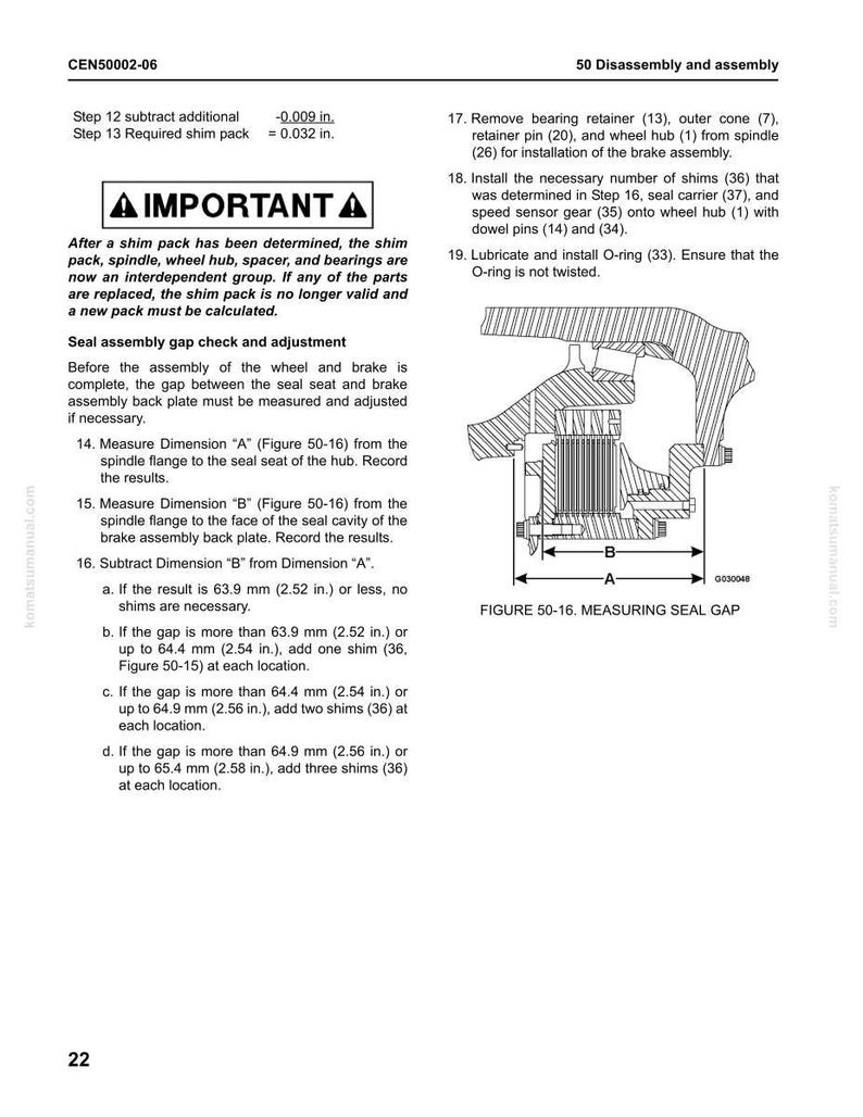 May include: Technical diagram with instructions for measuring a seal gap, including dimensions A and B. The text includes steps for disassembly and assembly, with measurements in inches and millimeters. The diagram is from a komatsumanual.com document.