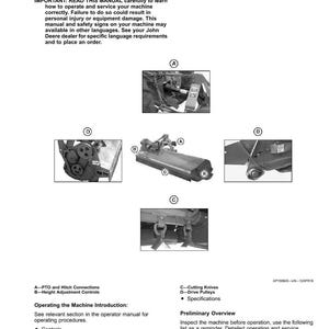 以下が含まれることがあります： 「Machine Overview」というタイトルの機械取扱説明書のページ。機械部品の図、安全上の注意、操作説明が含まれています。「PTO and Hitch Connections」と「Height Adjustment Controls」というテキストが含まれています。