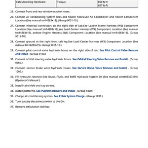 May include: A page from a manual detailing cab installation steps. It includes a table with "Cab Mounting Hardware" and torque specifications of 850 N-m or 627 lb-ft. Other steps include connecting hoses and electrical components.