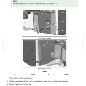 May include: Diagram illustrating the process to remove and install a cooling fan. The image shows detailed steps with arrows pointing to specific components, including shields labeled A and B. Text instructions are provided, guiding the user through the procedure.