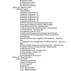 Puede incluir: Una lista detallada de componentes de sistemas hidr&aacute;ulicos y el&eacute;ctricos, incluyendo especificaciones, circuitos y controladores. El texto est&aacute; en fuente negra sobre fondo blanco, organizado en secciones y subsecciones numeradas.