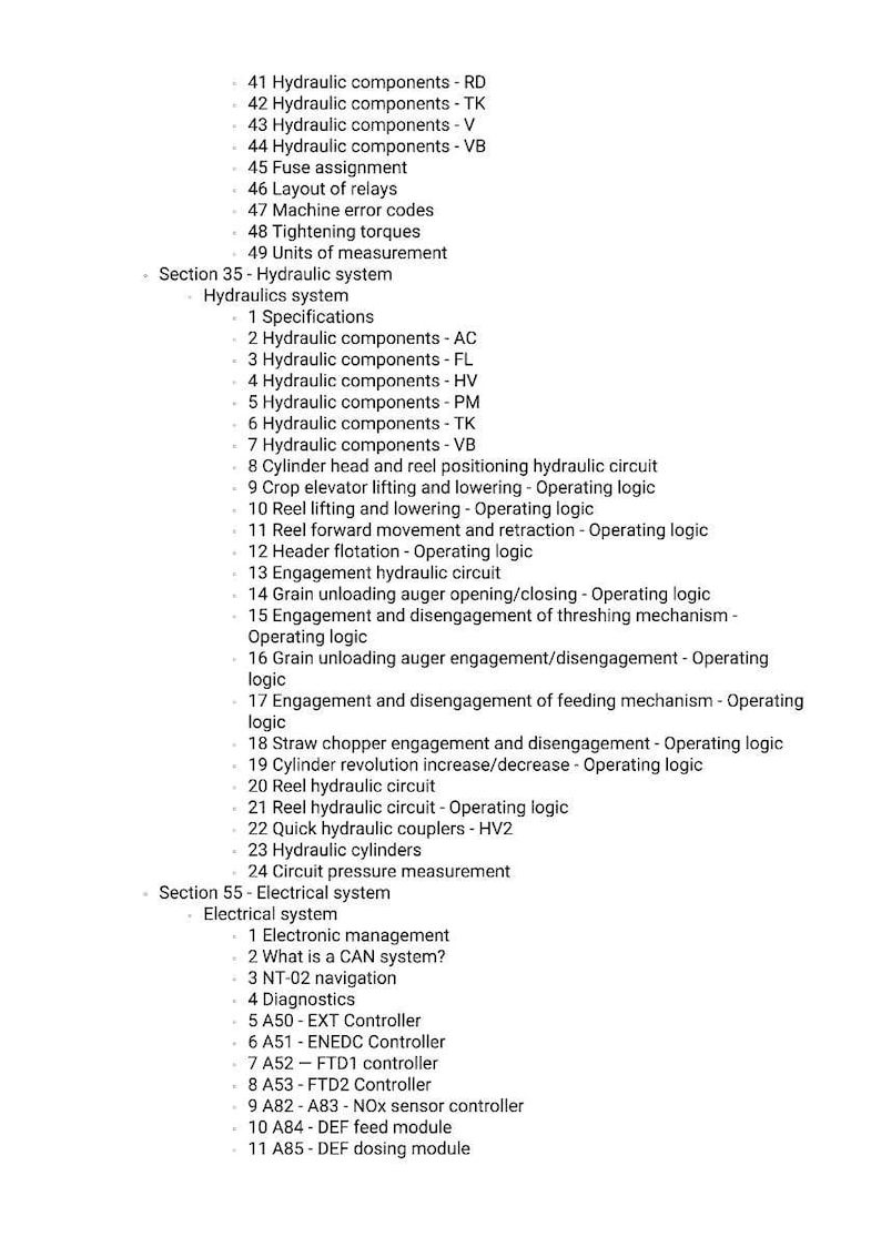 Puede incluir: Una lista detallada de componentes de sistemas hidr&aacute;ulicos y el&eacute;ctricos, incluyendo especificaciones, circuitos y controladores. El texto est&aacute; en fuente negra sobre fondo blanco, organizado en secciones y subsecciones numeradas.
