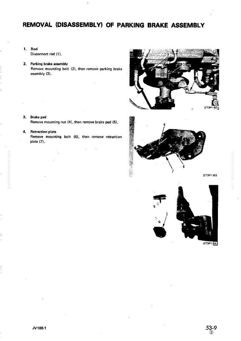 Op de afbeelding: Een zwart-wit diagram dat de verwijdering en demontage van een parkeerrem beschrijft. Het diagram toont gelabelde onderdelen zoals de stang, de parkeerrem, de remvoering en de terugtrekplaat, met bijbehorende nummers.