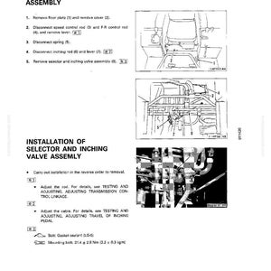May include: A technical diagram with the title "Removal of Selector and Inching Valve Assembly." The diagram includes numbered steps and illustrations of mechanical components. The text also includes "Installation of Selector and Inching Valve Assembly."
