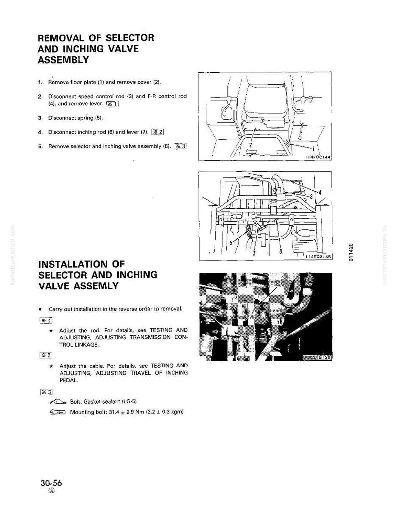 May include: A technical diagram with the title "Removal of Selector and Inching Valve Assembly." The diagram includes numbered steps and illustrations of mechanical components. The text also includes "Installation of Selector and Inching Valve Assembly."