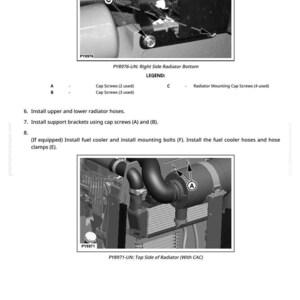 May include: Diagram showing vehicle radiator components with cap screws and hoses, including installation instructions. The image includes labels and text. The top section shows the right side radiator bottom, and the bottom section shows the top side of the radiator.