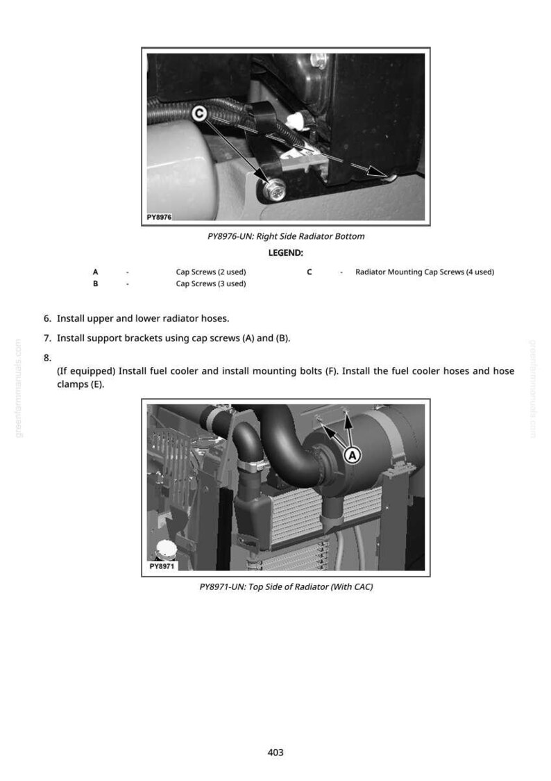 May include: Diagram showing vehicle radiator components with cap screws and hoses, including installation instructions. The image includes labels and text. The top section shows the right side radiator bottom, and the bottom section shows the top side of the radiator.